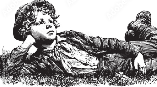 A boy lying on the grass, watching clouds drift across the sky. Vintage black and white vector illustration captures a relaxed outdoor moment.