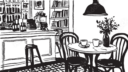 Cafe set featuring a table, chairs, and coffee. Black and white vector illustration with a flower vase and bookshelf in a cozy interior.