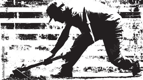 Worker digging with tools in a black and white silhouette. Vintage vector illustration of construction and labor activities, set format.