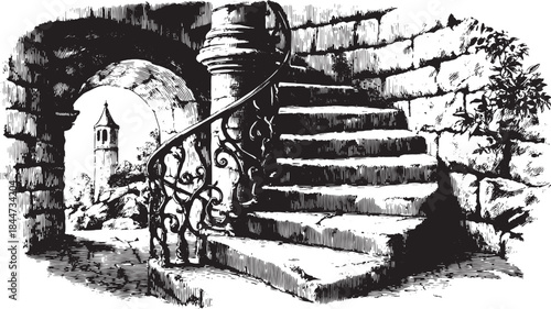 Detailed black and white engraving of a spiral stone staircase. This vintage illustration features elegant railings and textured stone in a scenic view.