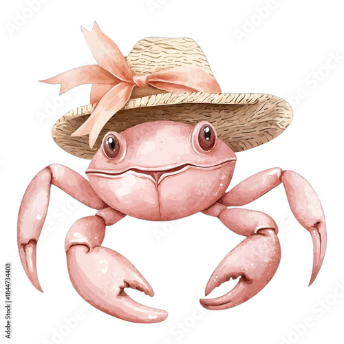Cute Pink Watercolor Crab Wearing Summer Straw Hat Illustration
