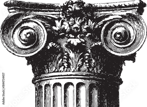 Ancient column illustration showcasing detailed architecture in a classic style. This decorative vector illustration features a black and white design.