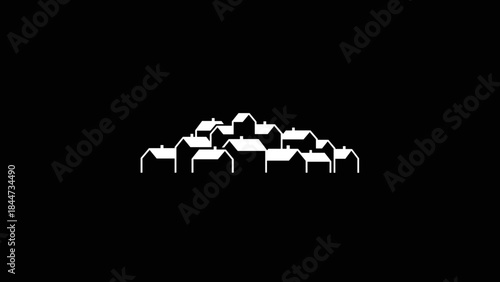Minimalist white houses silhouette on a stark black background.