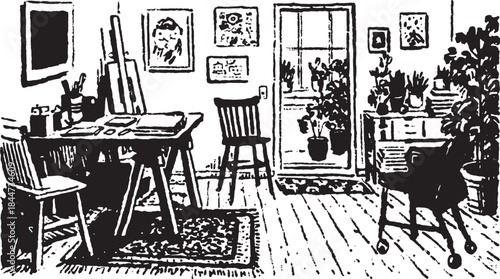 Interior art room with a table, chairs, and plants. Bright and spacious workspace vector illustration.