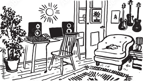 Room interior with a desk, chair, and plant. Features a lamp and speakers in a simple vector illustration set.