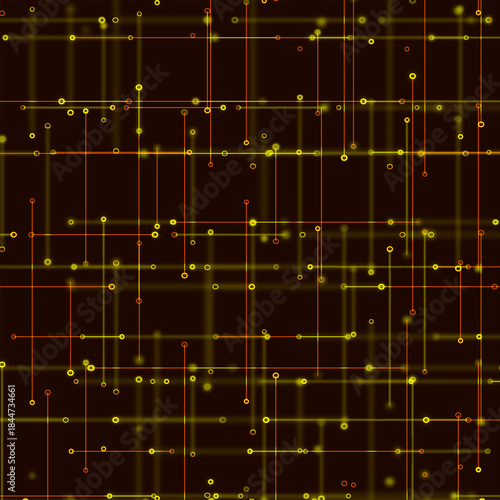 Abstract digital background with bright multicolored lines and dots on a dark background. Vector illustration resembles an electrical circuit or glowing connections in virtual space.