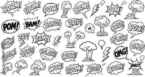 Collection of black and white comic book sound effect words and explosion graphics seamless pattern