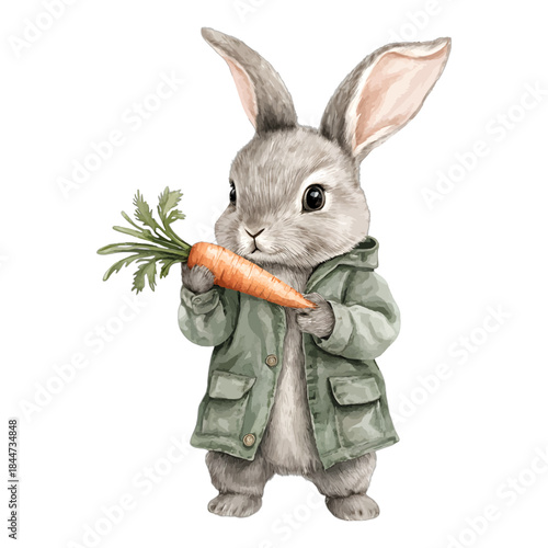 Watercolor Illustration of a Cute Rabbit in a Green Coat Holding a Carrot
