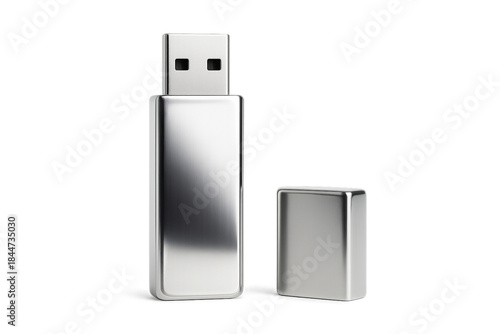Metallic Flash Drive: A sleek and modern metallic flash drive, with its cap removed, ready for instant data transfer and storage, representing innovation.