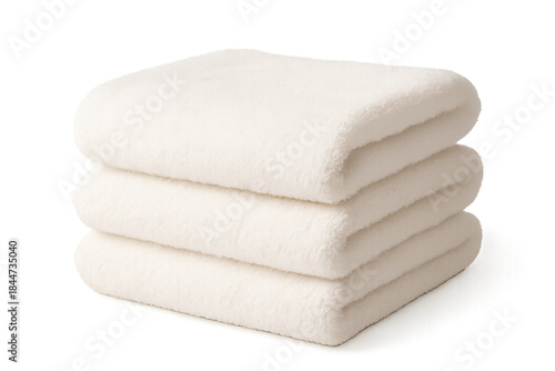 Pile of Clean Towels: Capture the soft texture and pure simplicity of three neatly stacked, fresh white towels, symbolizing comfort and cleanliness.