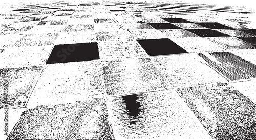 Checkerboard floor pattern in black and white with a distressed texture. Modern vector illustration suitable for various design applications.