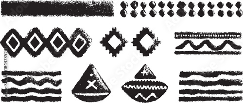 Abstract patterns in black and white showcasing various shapes and textures. Set of vector illustrations emphasizes modern graphic design.