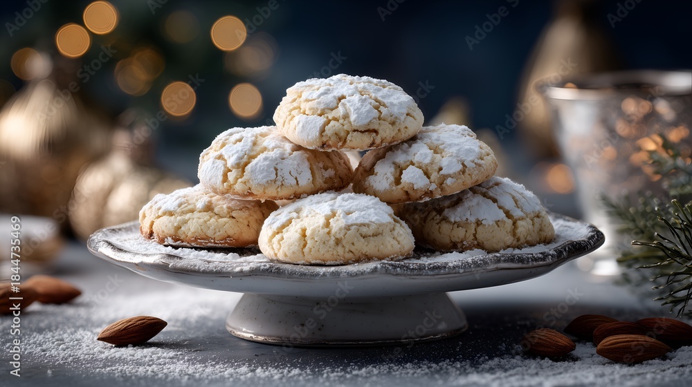Naklejka premium Traditional almond ricciarelli cookies with powdered sugar. Soft, delicate, and perfect for holiday-themed food photography, recipe books, menu design, and culinary websites or blogs