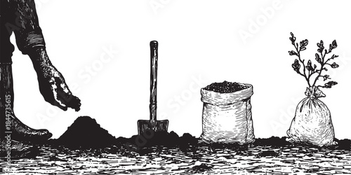 Gardening scene featuring a hand planting seeds in the soil. Vector illustration showing gardening tools: spade, sack of soil, and sprouting plants.