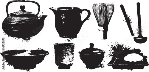 Teapot, kettle, and cup set in black silhouette style. Vintage kitchenware vector illustration featuring simple tools.