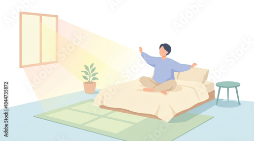 A person stretching on a bed in a sunlit room, enjoying a peaceful morning.