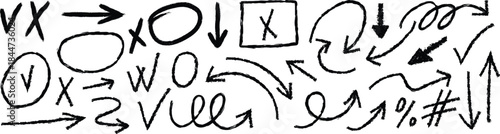 A collection of handwritten symbols and arrows on a white background