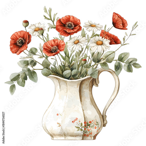 Watercolor Illustration of Poppies and Daisies in a Rustic Cream Pitcher Vase
