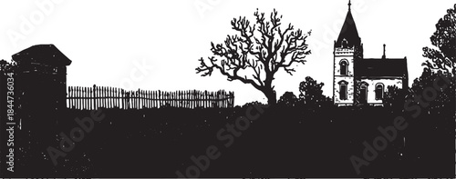 Silhouette of a church and tree against a white background. Black and white nature vector illustration featuring an architectural landscape set.
