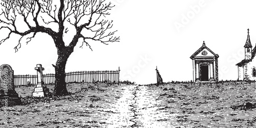 Graveyard scene with a large barren tree and tombstones. Vector illustration featuring empty pathways and gothic elements.