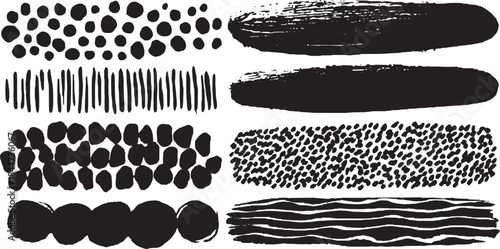 Black paint patterns with various textures and strokes. Abstract vector illustration of dots, lines, and shapes in a set for modern artwork.