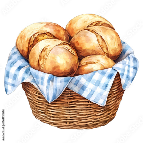 Watercolor Illustration of Freshly Baked Bread Rolls in a Rustic Wicker Basket
