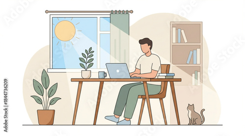 A man working on a laptop at a wooden desk in a bright room with a cat and plants.