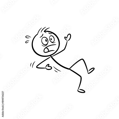 Stick figure falling with surprised expression on white background  