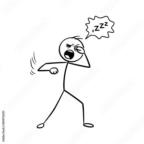Stick figure yawning and rubbing eyes while feeling sleepy  