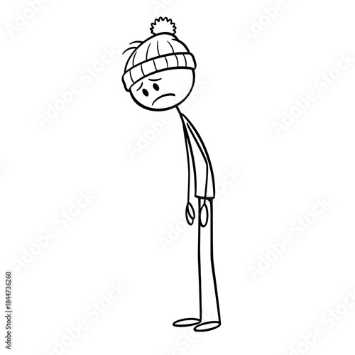 Sad stick figure character wearing a beanie with slumped posture  
