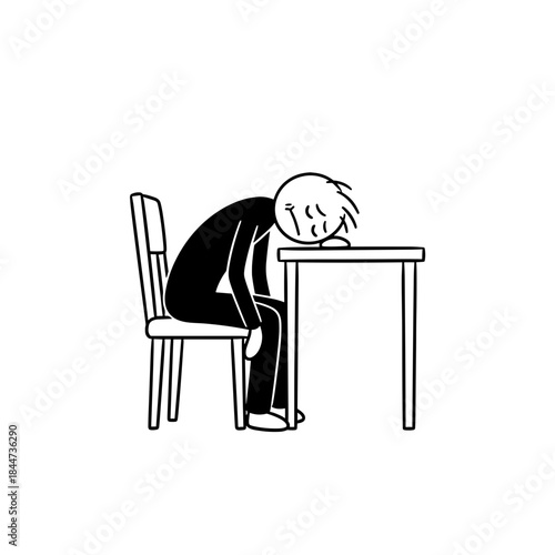 Young man feeling tired while resting head on table in minimalist style  