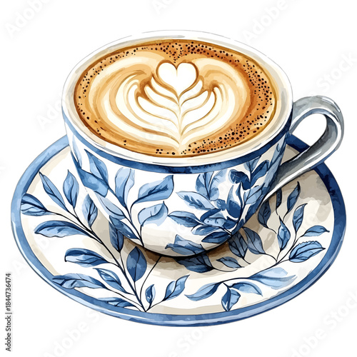 Watercolor Illustration of a Caffè Latte in Blue and White Ceramic Cup with Delft Pattern
