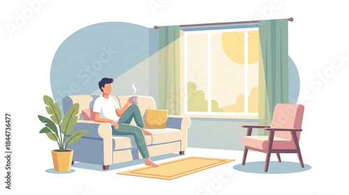 A man relaxing on a sofa in a cozy living room, enjoying a warm drink by the sunlit window.
