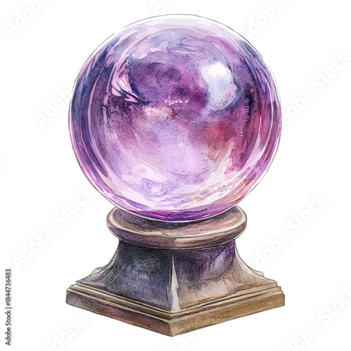 Watercolor Illustration of a Purple Crystal Ball on a Wooden Base
