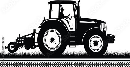 Black Silhouette of Modern Farm Tractor Driving Over Grass with Attached Cultivator, Flat Vector Illustration of Farming Vehicle for Agriculture, Harvest, and Rural Industry Design.