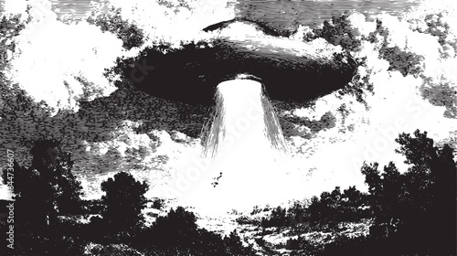 UFO above clouds in a black and white illustration. Vintage vector artwork depicting a mysterious scene with an abduction effect.