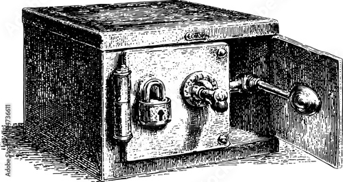 Vintage safe illustration displaying open and closed positions. Detailed vector sketch of a secure metal box with lock and hinge for historical context.