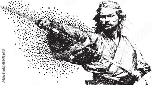 Samurai warrior in dynamic pose wielding a sword. Detailed black and white vector illustration showcasing martial art craftsmanship.