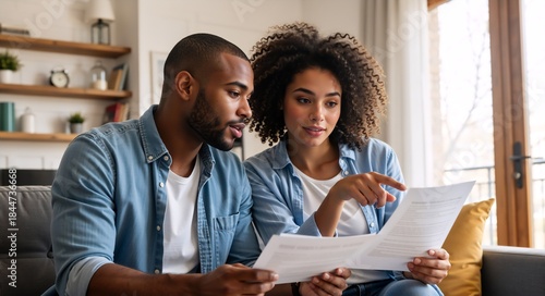 African American couple reviewing financial documents at home. Young man and woman sitting on sofa reading a contract or budget plan together