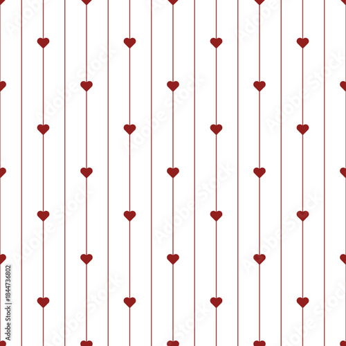 Pin Stripes with hearts seamless pattern. Vertical red on white Valentine Day wallpaper striped