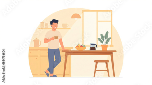 A happy man enjoying a morning coffee in a cozy kitchen with natural light.