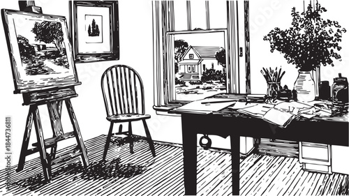 Art room with easel, chair, and table, featuring sketching materials and a window view, captured in a black and white vector illustration set.
