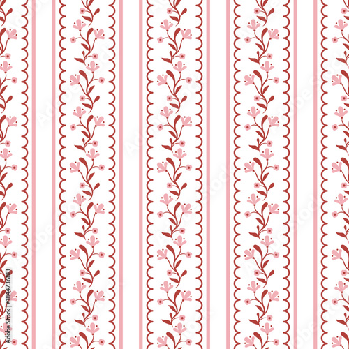 Floral whimsy pattern pink and white background with flower vines. Farmhouse rustic backdrop and floral stripes grandmillenial style
