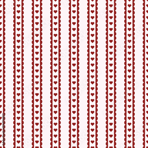 Stripes with hearts rustic seamless pattern. Vertical red and pink Valentine Day wallpaper striped