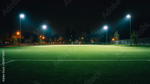 Illuminated Soccer Field at Night with Lamps