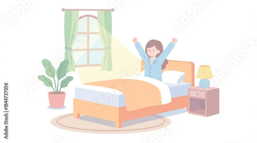 A young woman waking up and stretching in her bed in a cozy bedroom, illuminated by morning light.