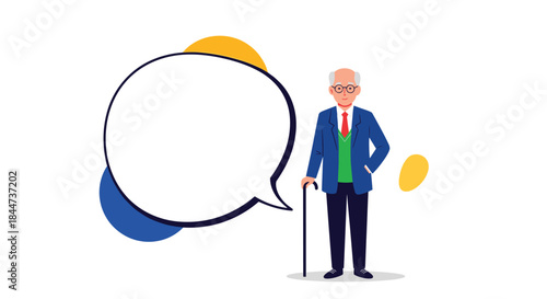 A dapper elderly gentleman with glasses and a walking cane stands next to a large blank speech bubble for custom text.