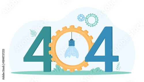 Error 404 page not found concept with large numbers and a broken lightbulb inside a gear. Visual elements include gears and a lightbulb vector illustration.