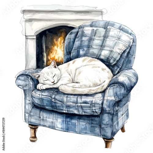 Cozy Watercolor White Cat Sleeping in Blue Plaid Armchair by Fireplace

