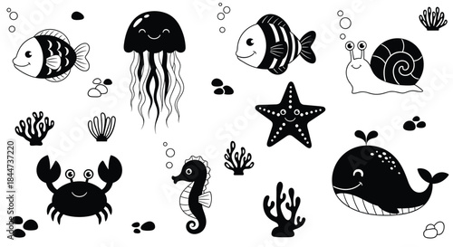 A delightful set of black and white sea creature doodles including a fish whale crab and starfish for coloring pages.